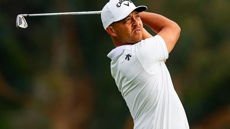 Feb 17, 2024; Pacific Palisades, California, USA; Xander Schauffele plays on the sixteenth hole during the third round of The Genesis Invitational golf tournament at Riviera Country Club. Mandatory Credit: Jason Parkhurst-USA TODAY Sports