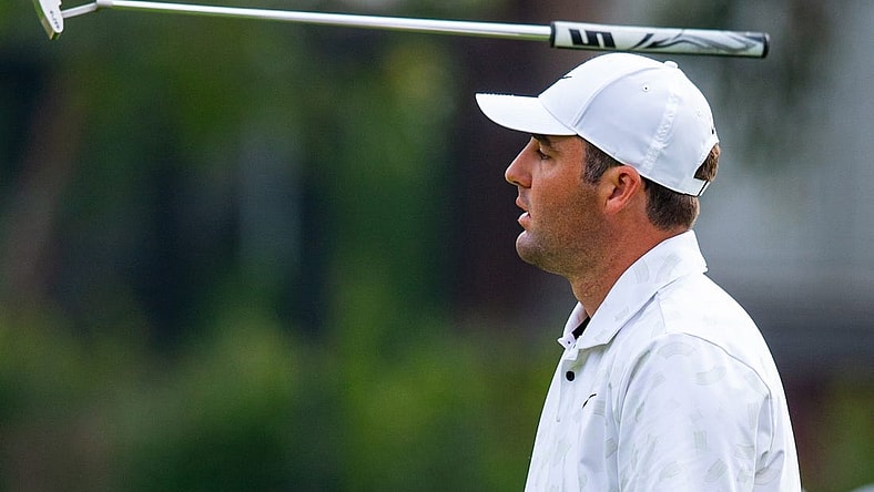 Feb 17, 2024; Pacific Palisades, California, USA; Scottie Scheffler reacts after a putt on the sixteenth hole during the third round of The Genesis Invitational golf tournament at Riviera Country Club. Mandatory Credit: Jason Parkhurst-USA TODAY Sports