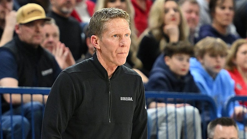 Feb 17, 2024; Spokane, Washington, USA; Gonzaga Bulldogs head coach Mark Few looks on against the Pacific Tigers in the first half at McCarthey Athletic Center. Mandatory Credit: James Snook-USA TODAY Sports