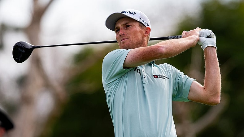 Feb 18, 2024; Pacific Palisades, California, USA; Will  Zalatoris tees off on the sixteenth hole during the final round of The Genesis Invitational golf tournament at Riveria Country Club. Mandatory Credit: Jason Parkhurst-USA TODAY Sports