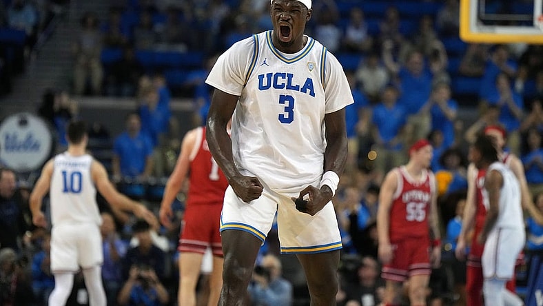 Feb 18, 2024; Los Angeles, California, USA; UCLA Bruins forward Adem Bona (3) reacts against the Utah Utes in the first half at Pauley Pavilion presented by Wescom. Mandatory Credit: Kirby Lee-USA TODAY Sports