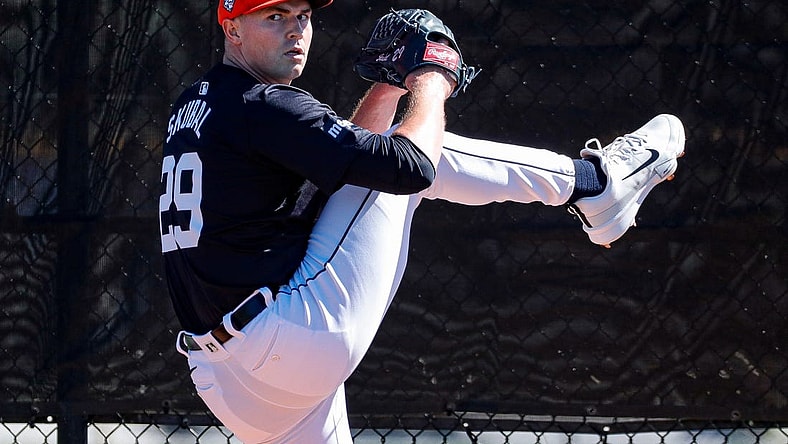 Detroit Tigers pitcher Tarik Skubal throws during spring training at TigerTown in Lakeland, Fla. on Tuesday, Feb. 20, 2024.