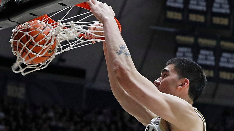 Purdue Boilermakers center Zach Edey (15) dunks the ball during the NCAA men   s basketball game against the Rutgers Scarlet Knights, Thursday, Feb. 22, 2024, at Mackey Arena in West Lafayette, Ind. Purdue Boilermakers won 96-68.