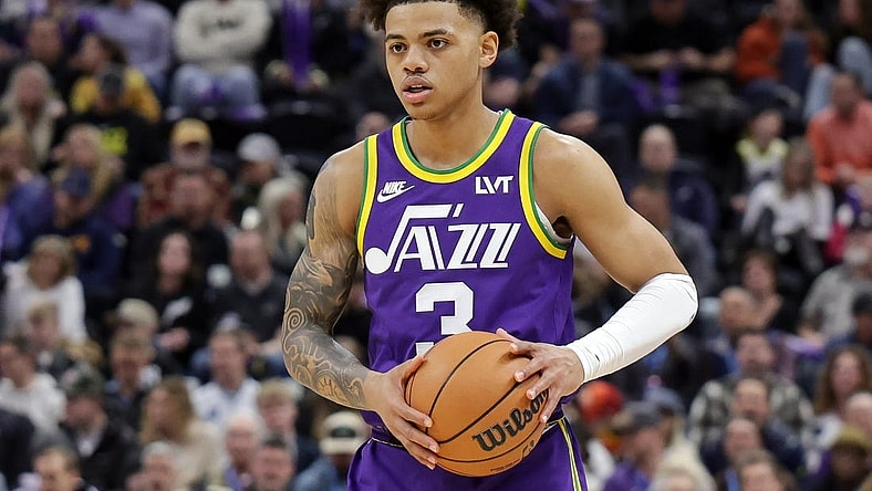 Feb 22, 2024; Salt Lake City, Utah, USA;  Utah Jazz guard Keyonte George (3) controls the ball during the first quarter against the Charlotte Hornets at Delta Center. Mandatory Credit: Chris Nicoll-USA TODAY Sports