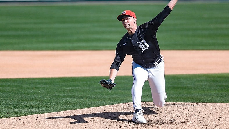 Detroit Tigers pitcher Tarik Skubal throws during spring training at TigerTown in Lakeland, Fla. on Friday, Feb. 23, 2024.
