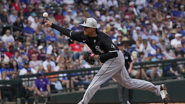 Feb 23, 2024; Mesa, Arizona, USA; Chicago White Sox pitcher Jesse Chavez (60) throws against the Chicago Cubs in the first inning at Sloan Park. Mandatory Credit: Rick Scuteri-USA TODAY Sports
