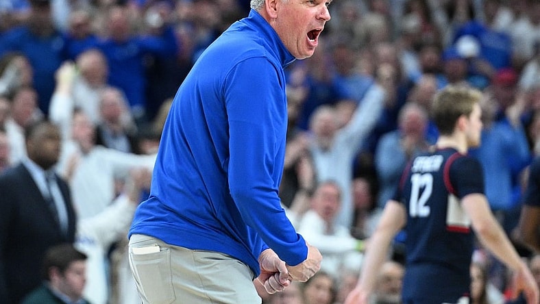 Feb 20, 2024; Omaha, Nebraska, USA;  Creighton Bluejays head coach Greg McDermott reacts to play in the game against the Connecticut Huskies in the second half at CHI Health Center Omaha. Mandatory Credit: Steven Branscombe-USA TODAY Sports