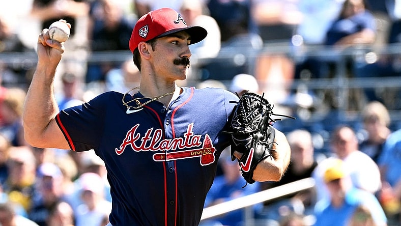 Feb 24, 2024; Port Charlotte, Florida, USA; Atlanta Braves pitcher Spencer Strider (99) throws a pitch in the first inning of a spring training game against the Tampa Bay Rays  at Charlotte Sports Park. Mandatory Credit: Jonathan Dyer-USA TODAY Sports