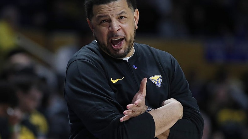 Feb 24, 2024; Pittsburgh, Pennsylvania, USA;  Pittsburgh Panthers head coach Jeff Capel reacts on the sidelines against the Virginia Tech Hokies during the first half at the Petersen Events Center. Mandatory Credit: Charles LeClaire-USA TODAY Sports