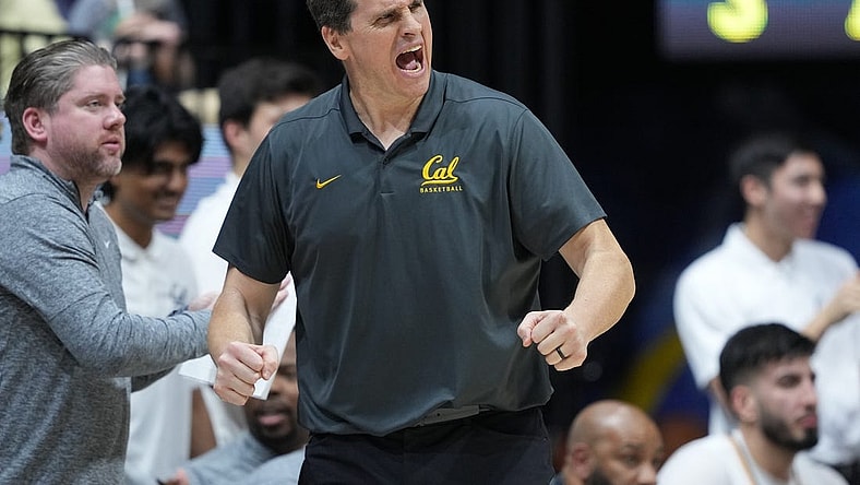 Feb 24, 2024; Berkeley, California, USA; California Golden Bears head coach Mark Madsen reacts during the first half against the Oregon Ducks at Haas Pavilion. Mandatory Credit: Darren Yamashita-USA TODAY Sports