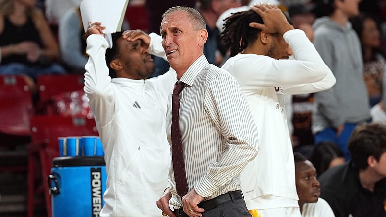 Feb 24, 2024; Tempe, Arizona, USA; Arizona State Sun Devils head coach Bobby Hurley reacts against the Washington State Cougars during the second half at Desert Financial Arena. Mandatory Credit: Joe Camporeale-USA TODAY Sports