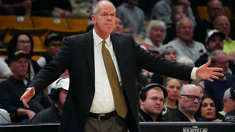 Feb 24, 2024; Boulder, Colorado, USA; Colorado Buffaloes head coach Tad Boyle during the first half against the Utah Utes at the CU Events Center. Mandatory Credit: Ron Chenoy-USA TODAY Sports