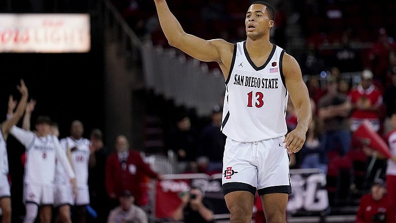 Feb 24, 2024; Fresno, California, USA; San Diego State Aztecs forward Jaedon LeDee (13) reacts after making a three point basket against the Fresno State Bulldogs in the first half at the Save Mart Center. Mandatory Credit: Cary Edmondson-USA TODAY Sports