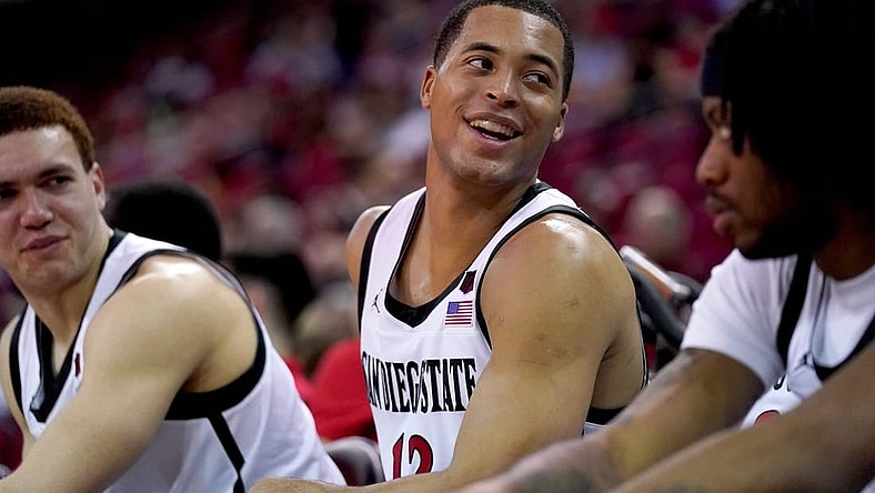 Feb 24, 2024; Fresno, California, USA; San Diego State Aztecs forward Jaedon LeDee (13) smiles on the team bench during action against the Fresno State Bulldogs in the second half at the Save Mart Center. Mandatory Credit: Cary Edmondson-USA TODAY Sports