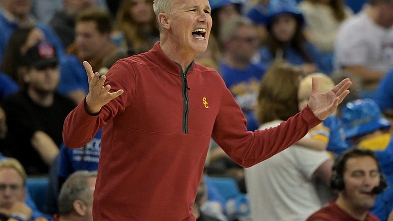 Feb 24, 2024; Los Angeles, California, USA;  USC Trojans head coach Andy Enfield yells from the bench in the second half against the UCLA Bruins at Pauley Pavilion presented by Wescom. Mandatory Credit: Jayne Kamin-Oncea-USA TODAY Sports
