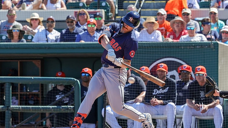 Feb 26, 2024; Lakeland, Florida, USA; Houston Astros designated hitter Jacob Melton (76) bats during the third inning against the Detroit Tigers at Publix Field at Joker Marchant Stadium. Mandatory Credit: Mike Watters-USA TODAY Sports