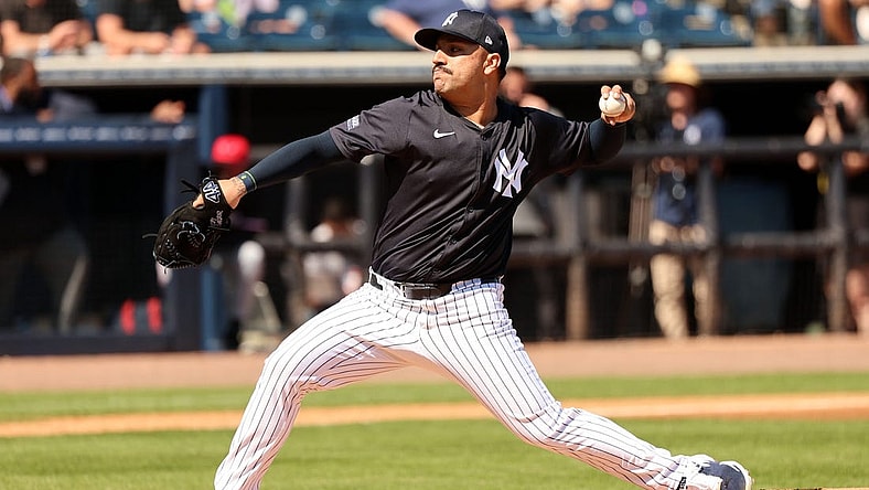 Feb 26, 2024; Tampa, Florida, USA;  New York Yankees starting pitcher Nestor Cortes (65) throws a pitch during the first inning against the Minnesota Twins at George M. Steinbrenner Field. Mandatory Credit: Kim Klement Neitzel-USA TODAY Sports