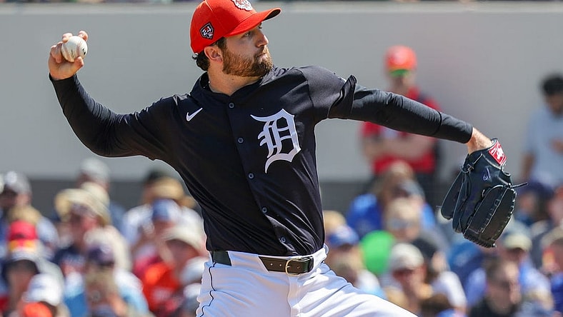 Feb 27, 2024; Lakeland, Florida, USA; Detroit Tigers starting pitcher Casey Mize (12) pitches during the first inning against the Toronto Blue Jays at Publix Field at Joker Marchant Stadium. Mandatory Credit: Mike Watters-USA TODAY Sports