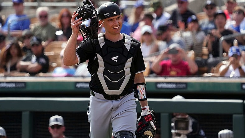 Feb 27, 2024; Phoenix, Arizona, USA; Chicago White Sox catcher Max Stassi (33) looks on against the Los Angeles Dodgers during the first inning at Camelback Ranch-Glendale. Mandatory Credit: Joe Camporeale-USA TODAY Sports
