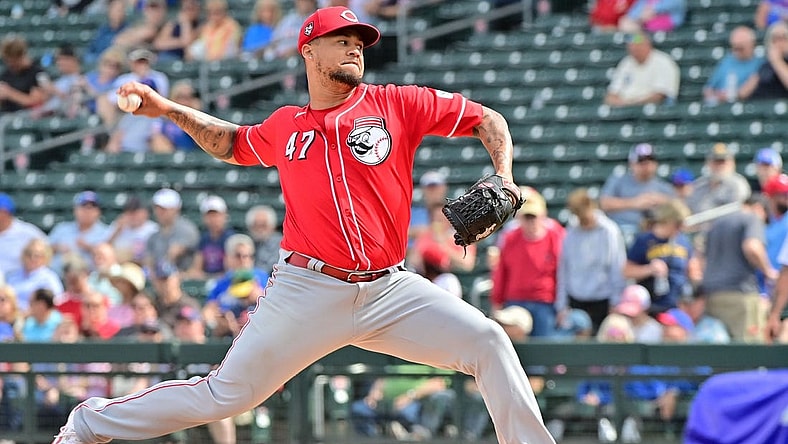 Feb 27, 2024; Mesa, Arizona, USA;  Cincinnati Reds starting pitcher Frankie Montas (47) throws in the first inning against the Cincinnati Reds during a spring training game at Sloan Park. Mandatory Credit: Matt Kartozian-USA TODAY Sports