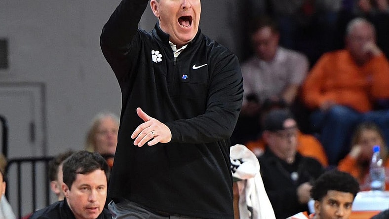Feb 27, 2024; Clemson, South Carolina, USA;  Clemson Head Coach Brad Brownell communicates in the game with Pitt during the first half at Littlejohn Coliseum. Mandatory Credit: Ken Ruinard-USA TODAY Sports