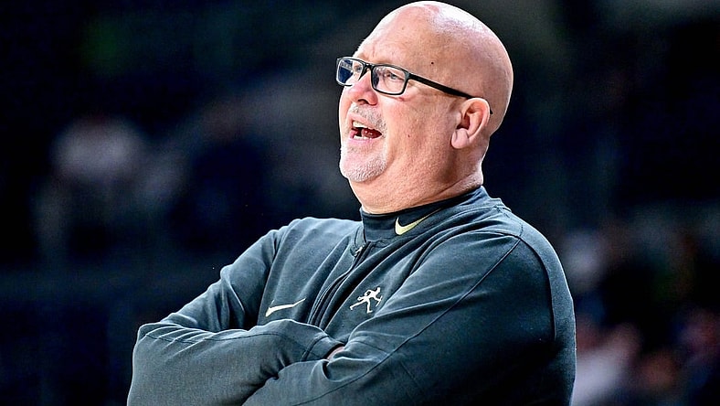 Feb 27, 2024; South Bend, Indiana, USA; Wake Forest Demon Deacons head coach Steve Forbes watches in the first half against the Notre Dame Fighting Irish at the Purcell Pavilion. Mandatory Credit: Matt Cashore-USA TODAY Sports