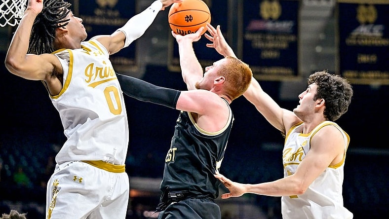 Feb 27, 2024; South Bend, Indiana, USA; Wake Forest Demon Deacons guard Cameron Hildreth (2) goes up for a shot as Notre Dame Fighting Irish forward Carey Booth (0) and guard Logan Imes (2) defend in the second half at the Purcell Pavilion. Mandatory Credit: Matt Cashore-USA TODAY Sports