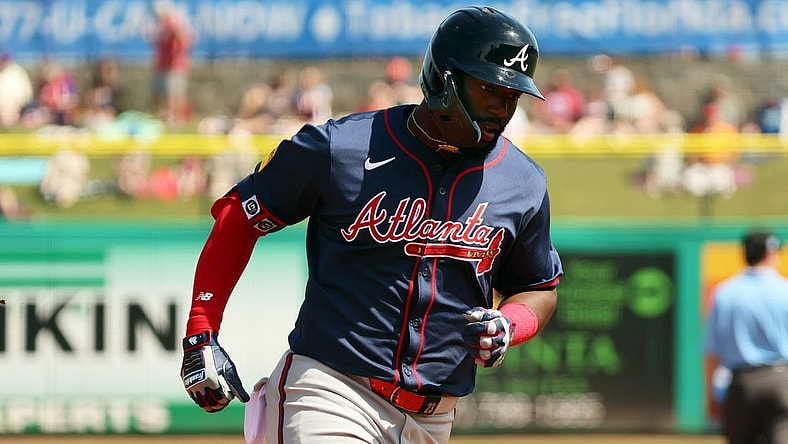 Feb 28, 2024; Clearwater, Florida, USA; Atlanta Braves center fielder Michael Harris II (23) hits a home run during the third inning against the Philadelphia Phillies at BayCare Ballpark. Mandatory Credit: Kim Klement Neitzel-USA TODAY Sports