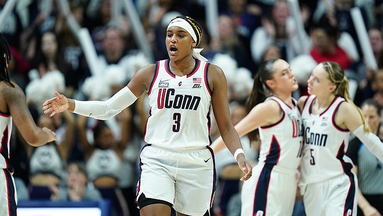 Feb 28, 2024; Storrs, Connecticut, USA; UConn Huskies forward Aaliyah Edwards (3) and teammates react during a timeout against the Villanova Wildcats in the second half at Harry A. Gampel Pavilion. Mandatory Credit: David Butler II-USA TODAY Sports