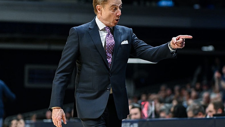 Feb 28, 2024; Indianapolis, Indiana, USA; St. John's Red Storm head coach Rick Pitino gestures to his bench against the Butler Bulldogs during the first half at Hinkle Fieldhouse. Mandatory Credit: Robert Goddin-USA TODAY Sports