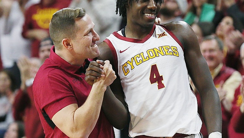 Iowa State Cyclones men's basketball head coach T. J. Otzelberger congratulates Iowa State Cyclones guard Demarion Watson (4) after winning 58-45 over Oklahoma Sooners in the Big-12 conference showdown at Hilton Coliseum on Wednesday, Feb. 28, 2024, in Ames, Iowa.