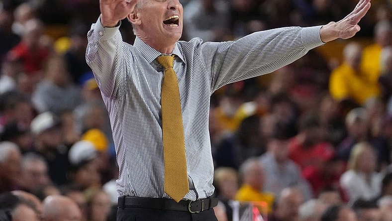 ASU Sun Devils head coach Bobby Hurley yells out to his team as they play the UA Wildcats at Desert Financial Arena in Tempe on Feb. 28, 2024.