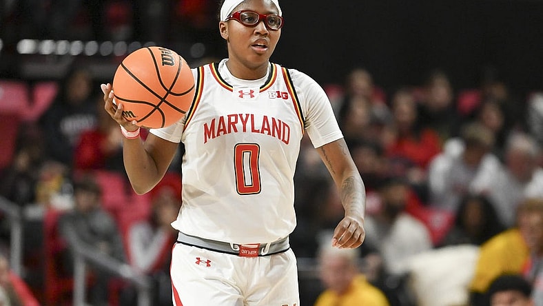 Feb 29, 2024; College Park, Maryland, USA;  Maryland Terrapins guard Shyanne Sellers (0) dribbles up the court to the offense during the first half against the Wisconsin Badgers at Xfinity Center. Mandatory Credit: Tommy Gilligan-USA TODAY Sports