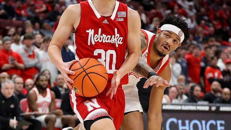 Feb 29, 2024; Columbus, Ohio, USA;  Nebraska Cornhuskers guard Keisei Tominaga (30) moves the ball during the first half against the Ohio State Buckeyes at Value City Arena. Mandatory Credit: Joseph Maiorana-USA TODAY Sports
