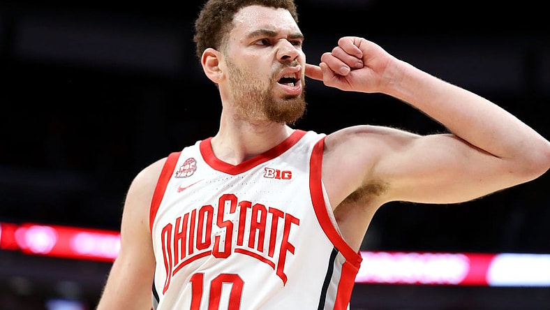 Feb 29, 2024; Columbus, Ohio, USA; Ohio State Buckeyes forward Jamison Battle (10) celebrates during the second half against the Nebraska Cornhuskers at Value City Arena. Mandatory Credit: Joseph Maiorana-USA TODAY Sports