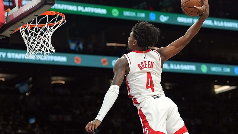 Feb 29, 2024; Phoenix, Arizona, USA; Houston Rockets guard Jalen Green (4) dunks against the Phoenix Suns during the first half at Footprint Center. Mandatory Credit: Joe Camporeale-USA TODAY Sports