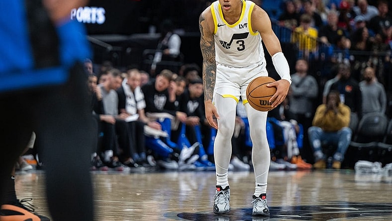 Feb 29, 2024; Orlando, Florida, USA; Utah Jazz guard Keyonte George (3) dribbles the ball against the Orlando Magic in the fourth quarter at Kia Center. Mandatory Credit: Jeremy Reper-USA TODAY Sports