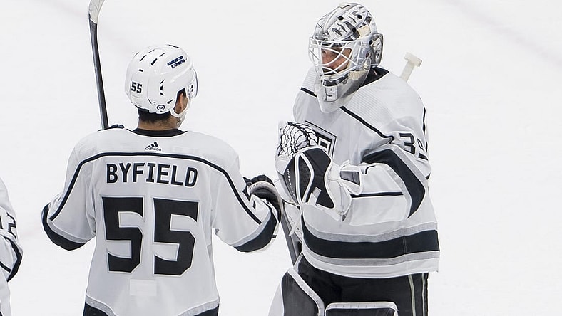Feb 29, 2024; Vancouver, British Columbia, CAN; Los Angeles Kings forward Quinton Byfield (55) and goalie Cam Talbot (39) celebrate thier victory against the Vancouver Canucks at Rogers Arena. Kings won 5-1. Mandatory Credit: Bob Frid-USA TODAY Sports