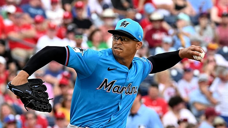 Mar 1, 2024; Clearwater, Florida, USA;  Miami Marlins  pitcher Jesus Luzardo (44) throws a pitch in the first inning of the spring training game against the Philadelphia Phillies at BayCare Ballpark. Mandatory Credit: Jonathan Dyer-USA TODAY Sports