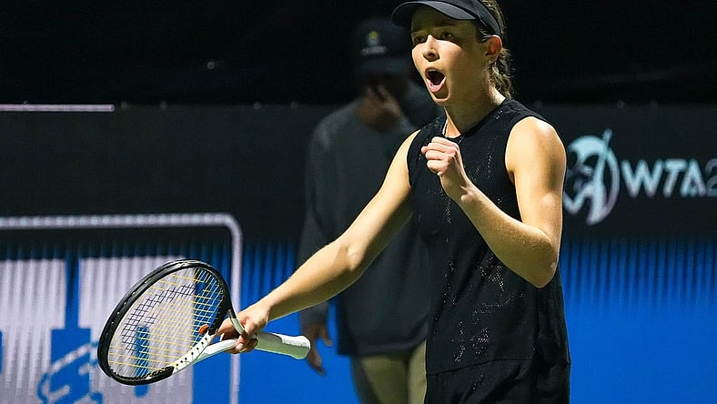 American tennis player Katie Volynets celebrates a game win during her ATX Open semifinal match against Varvara Gracheva at the Westwood Country Club on Saturday, March. 4, 2023 in Austin.
