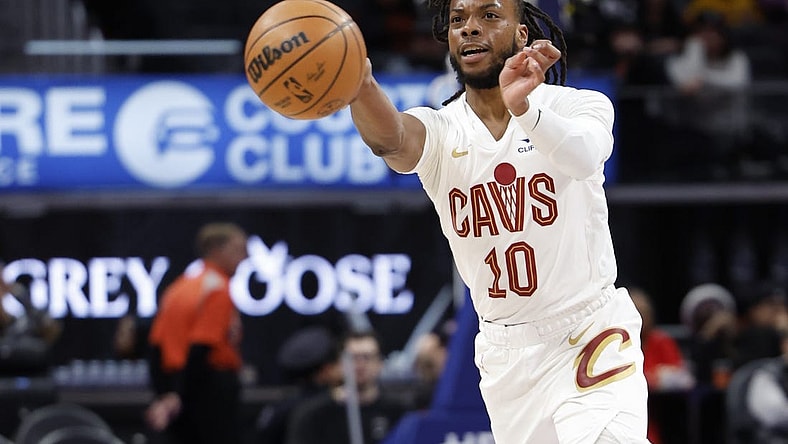 Mar 1, 2024; Detroit, Michigan, USA;  Cleveland Cavaliers guard Darius Garland (10) passes in the first half against the Detroit Pistons at Little Caesars Arena. Mandatory Credit: Rick Osentoski-USA TODAY Sports