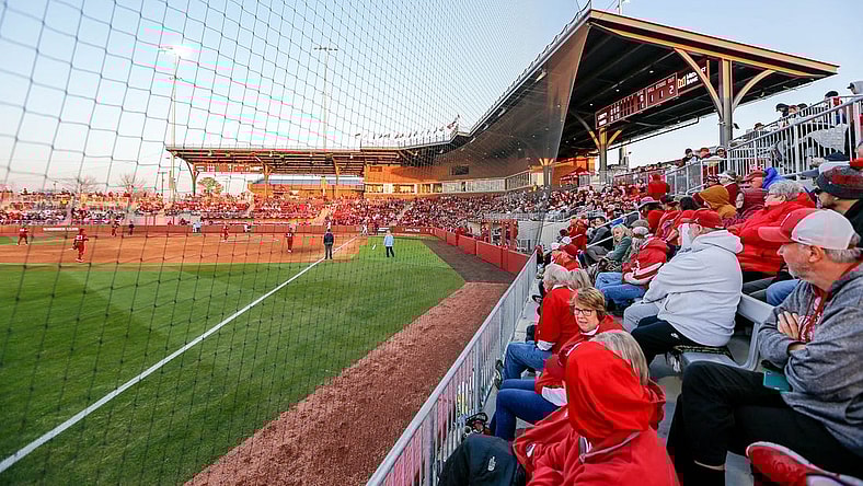 Fans fill the stadium during an NCAA softball game between Oklahoma (OU) and Liberty on opening day of Oklahoma softball stadium Love's Field in Norman, Okla., on Friday, March 1, 2024.