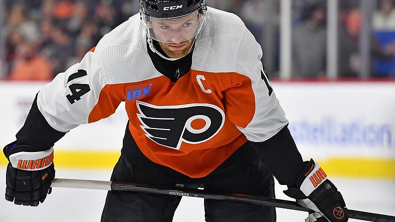 Feb 27, 2024; Philadelphia, Pennsylvania, USA; Philadelphia Flyers center Sean Couturier (14) against the Tampa Bay Lightning at Wells Fargo Center. Mandatory Credit: Eric Hartline-USA TODAY Sports