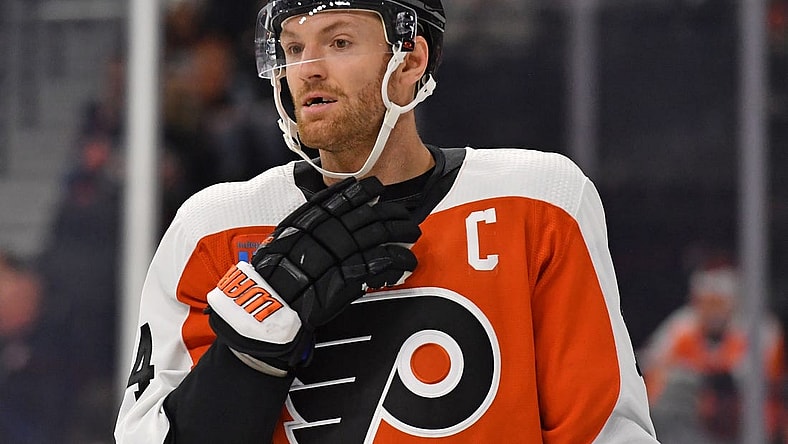 Feb 27, 2024; Philadelphia, Pennsylvania, USA; Philadelphia Flyers center Sean Couturier (14) against the Tampa Bay Lightning at Wells Fargo Center. Mandatory Credit: Eric Hartline-USA TODAY Sports