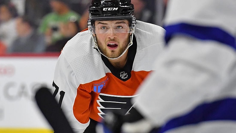 Feb 27, 2024; Philadelphia, Pennsylvania, USA; Philadelphia Flyers right wing Tyson Foerster (71) against the Tampa Bay Lightning at Wells Fargo Center. Mandatory Credit: Eric Hartline-USA TODAY Sports