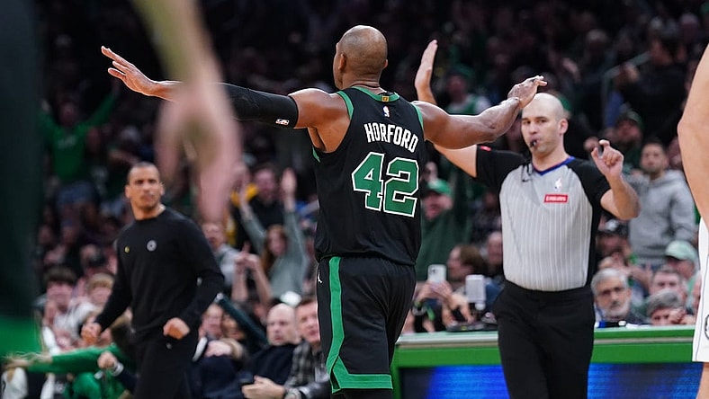 Mar 1, 2024; Boston, Massachusetts, USA; Boston Celtics center Al Horford (42) reacts after his three point basket against the Dallas Mavericks in the second half at TD Garden. Mandatory Credit: David Butler II-USA TODAY Sports
