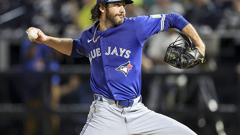 Mar 1, 2024; Tampa, Florida, USA;  Toronto Blue Jays relief pitcher Jordan Romano (68) throws a pitch against the New York Yankees in the third inning at George M. Steinbrenner Field. Mandatory Credit: Nathan Ray Seebeck-USA TODAY Sports