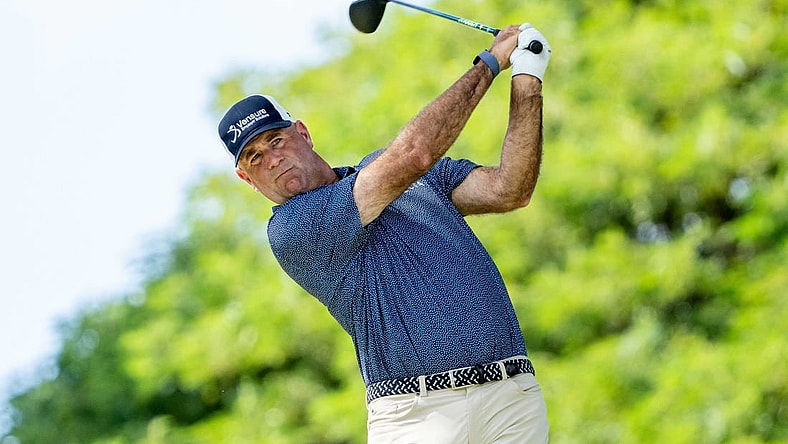 January 13, 2024; Honolulu, Hawaii, USA; Stewart Cink hits his tee shot on the second hole during the third round of the Sony Open in Hawaii golf tournament at Waialae Country Club. Mandatory Credit: Kyle Terada-USA TODAY Sports