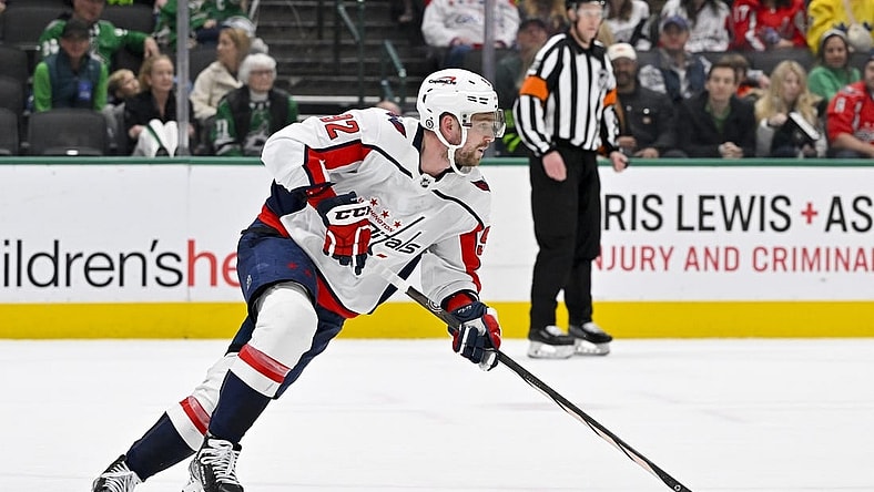 Jan 27, 2024; Dallas, Texas, USA; Washington Capitals center Evgeny Kuznetsov (92) in action during the game between the Dallas Stars and the Washington Capitals at the American Airlines Center. Mandatory Credit: Jerome Miron-USA TODAY Sports
