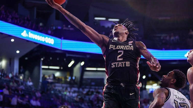 Mar 2, 2024; Atlanta, Georgia, USA; Florida State Seminoles forward Jamir Watkins (2) shoots against the Georgia Tech Yellow Jackets in the first half at McCamish Pavilion. Mandatory Credit: Brett Davis-USA TODAY Sports